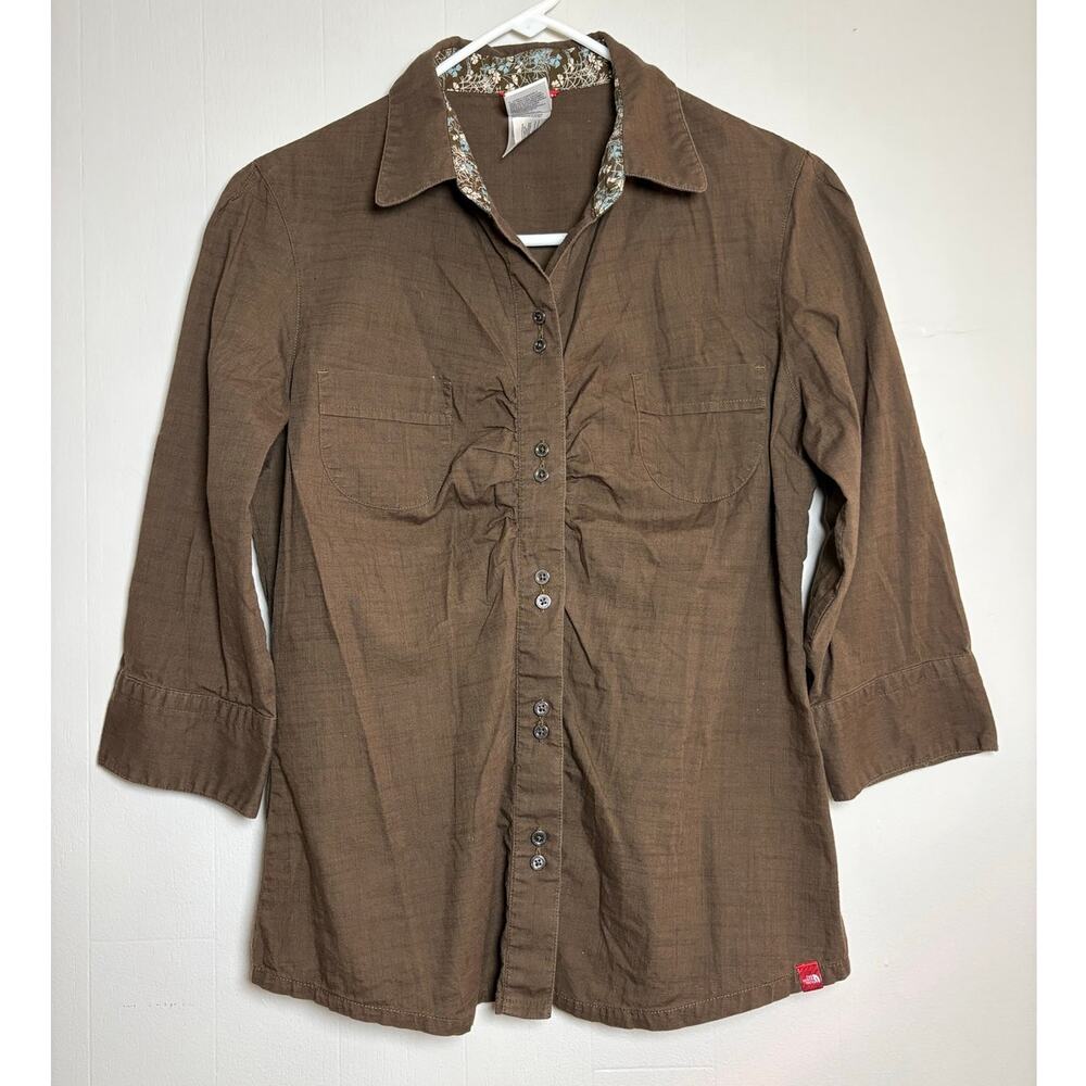 The North Face Women's 100% Cotton Brown 3/4 Sleeve Medium Button Front Top